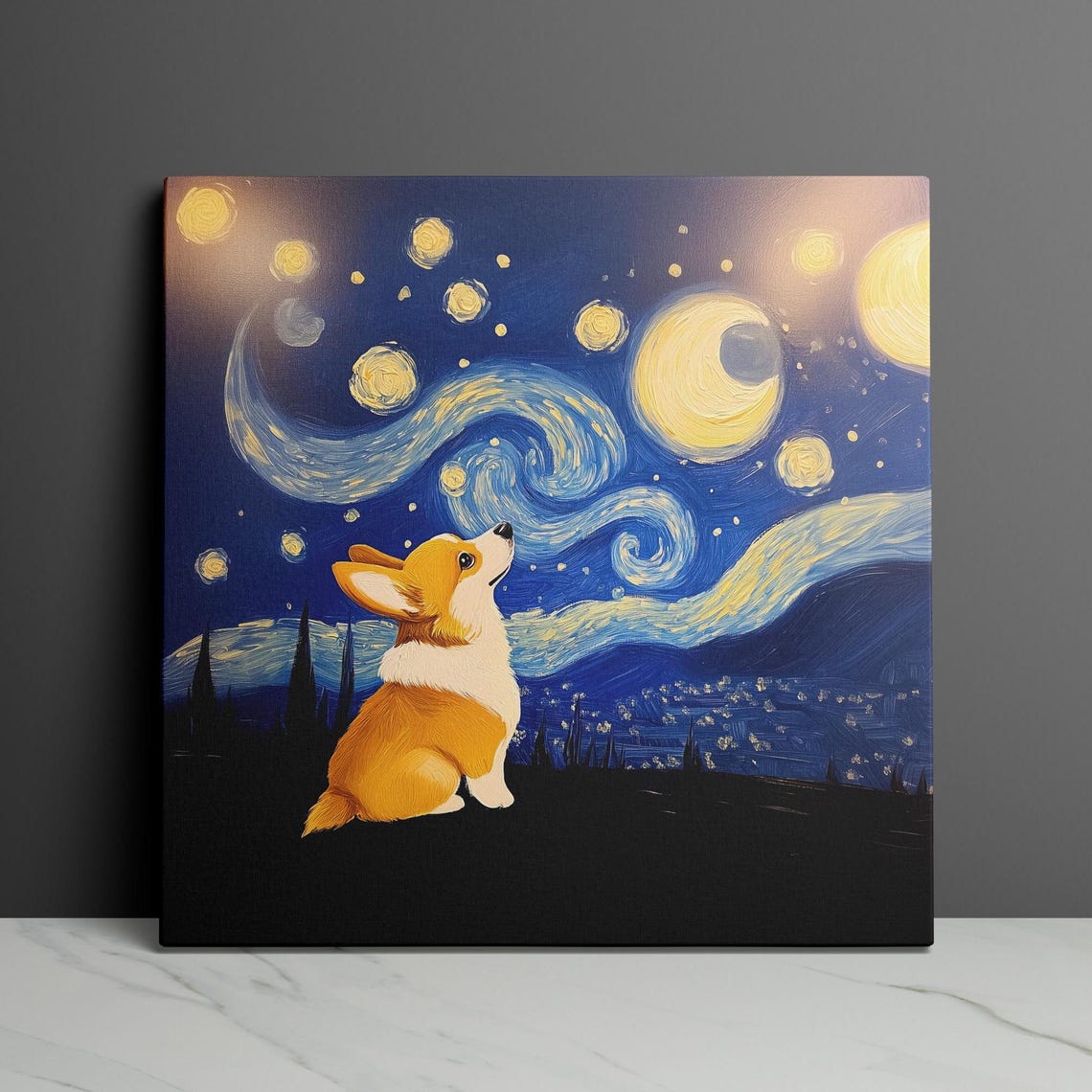 Corgi Sitting Under A Swirling Van Gogh Starry Night Sky Poster - Image 3
