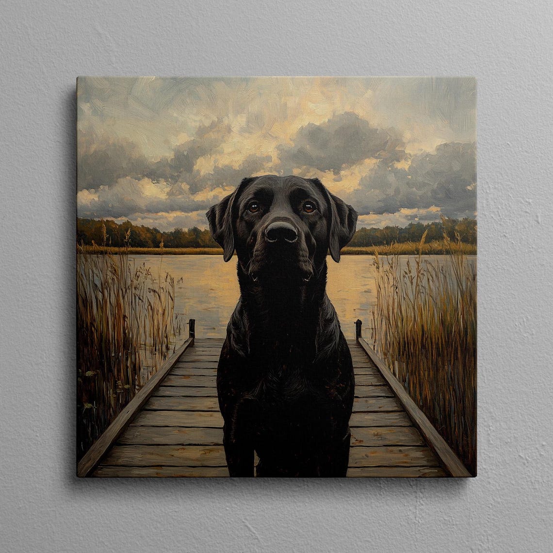 Black Lab Standing on a Wooden Dock by a Lake at Sunset Poster