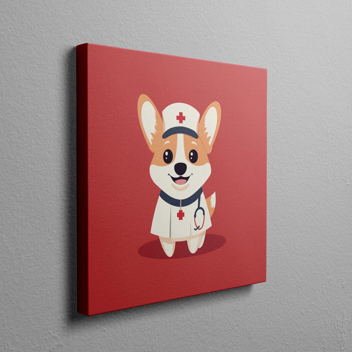 Corgi Nurse Cartoon Puppy Dog in Red Nurse Uniform Room Poster - Image 2