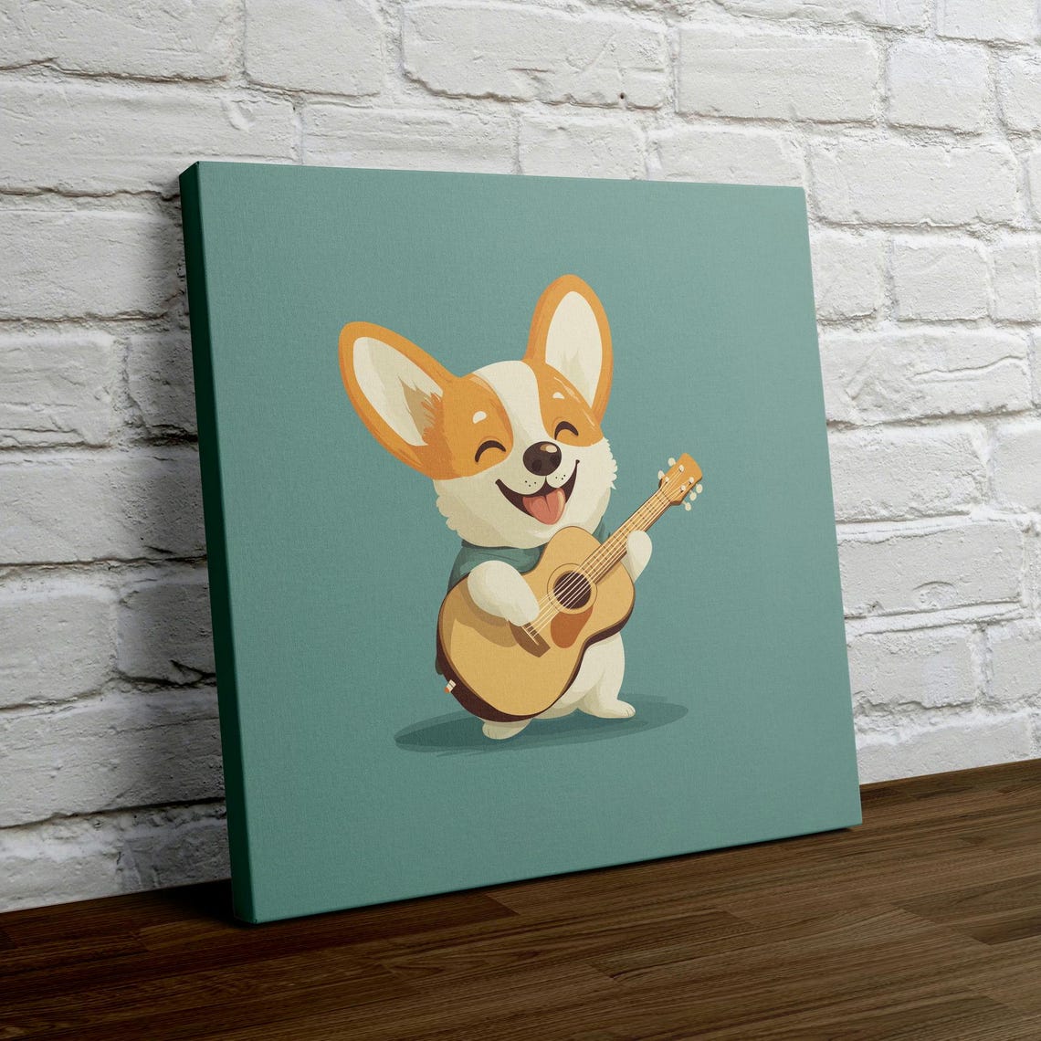 Happy Corgi Playing Guitar On A Teal Background Cartoon Wall Art - Image 4
