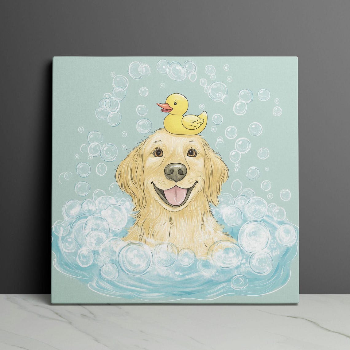 Golden Retriever Taking A Bubble Bath With Rubber Duck Wall Art - Image 3
