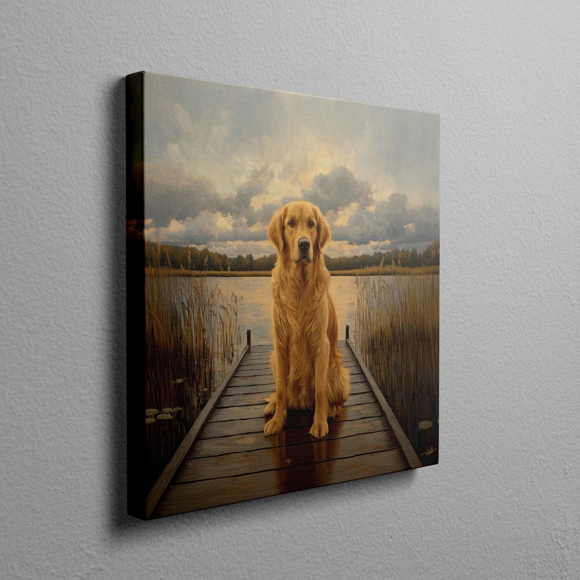 Golden Retriever Sitting on a Wooden Dock at the Lake Poster - Image 2