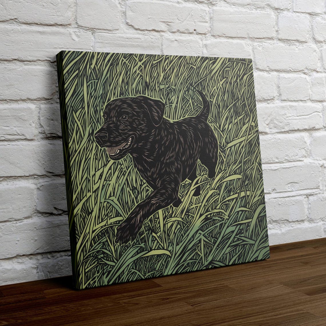 Black Lab Running Through Tall Green Grass Linocut Style Poster - Image 4
