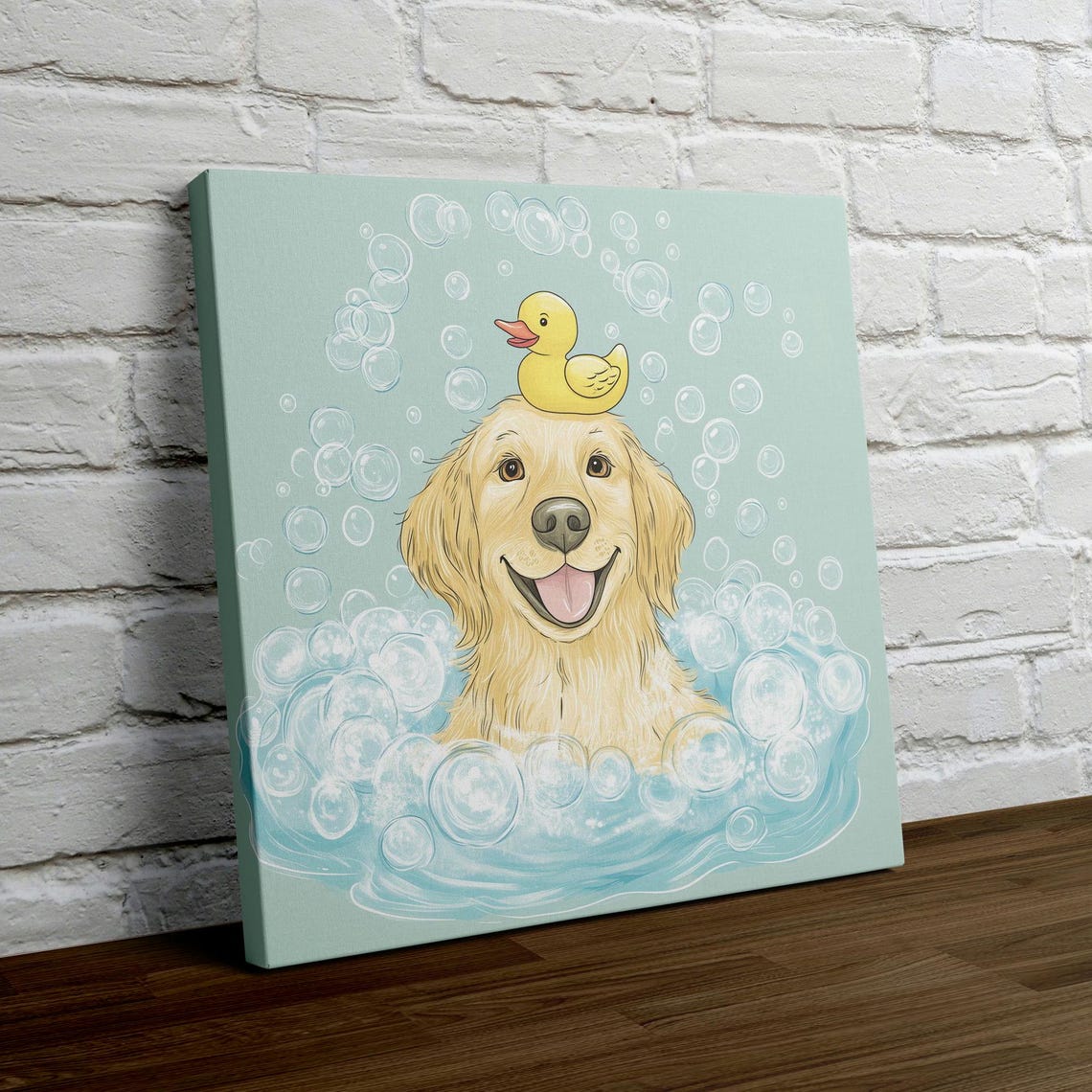 Golden Retriever Taking A Bubble Bath With Rubber Duck Wall Art - Image 4