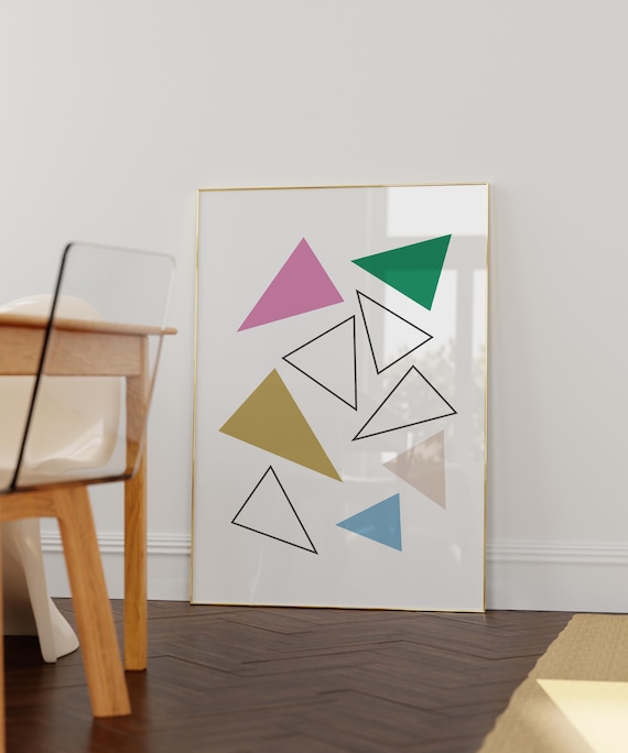 Modern Mid Century Green Pink Ocher Blue Beige Organic Geometric Triangle Shape Minimalist Art Contemporary Abstract Art