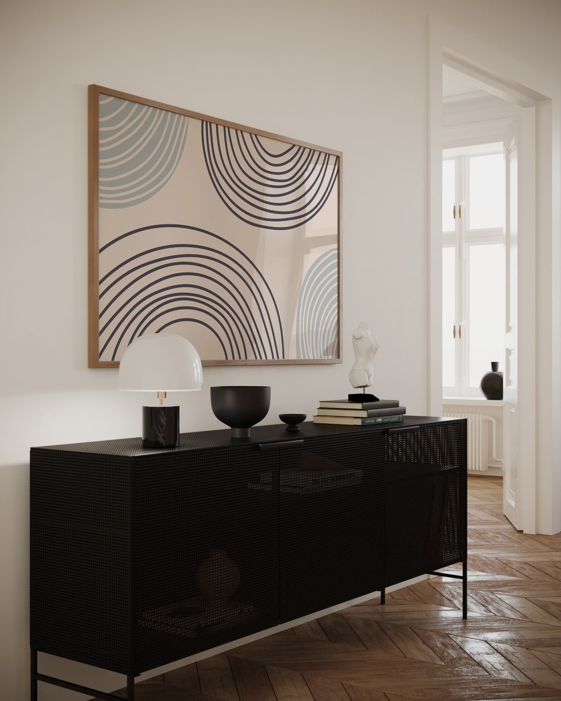 Beige Black Blue Concentric Arc Lines Minimalist Artwork Poster - Image 2
