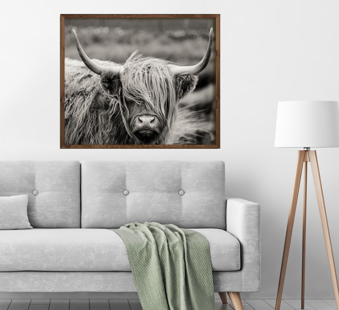 Highland Cow Print Black And White Highland Cow Wood Frame Art Highland Cow Wall Art Farm Animal Print Farm Decor Bull Print Buffal - Image 3