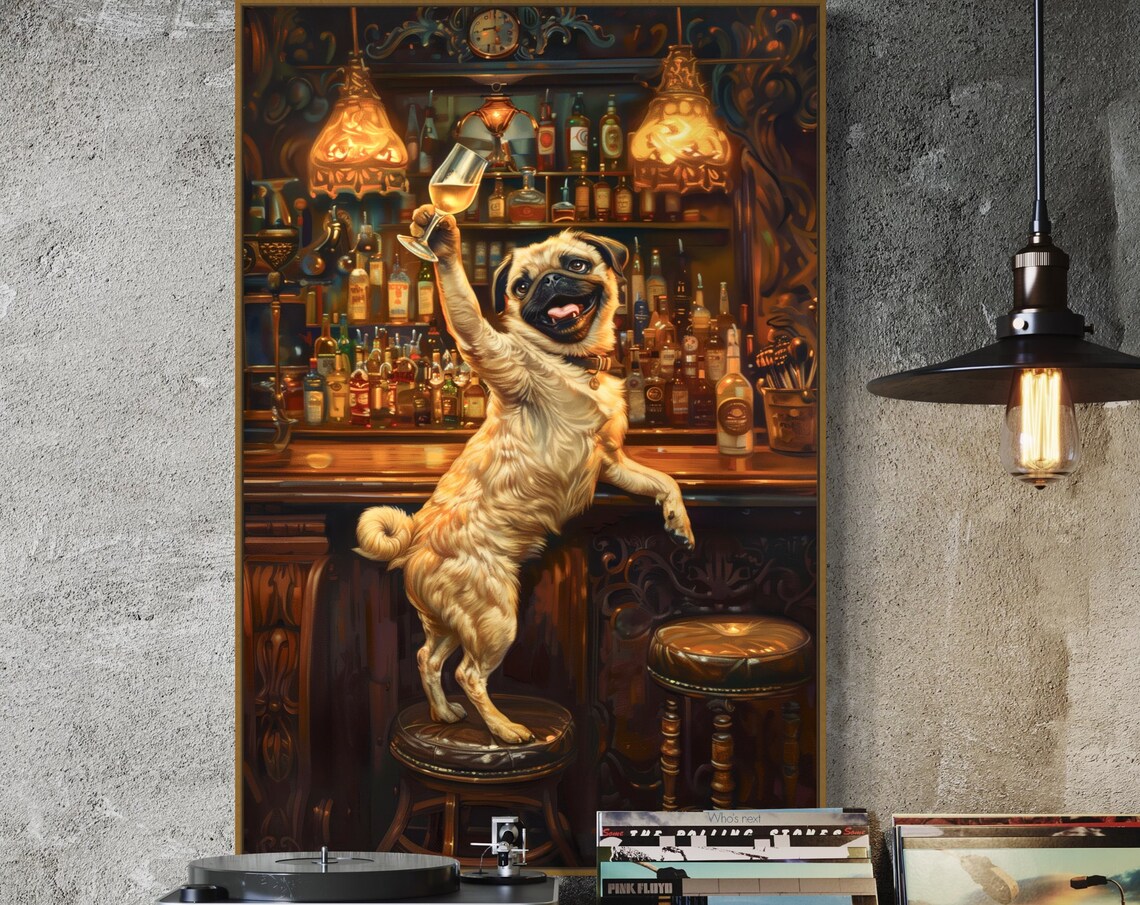 Whimsical Pug Bar Art Poster For Wine Lovers