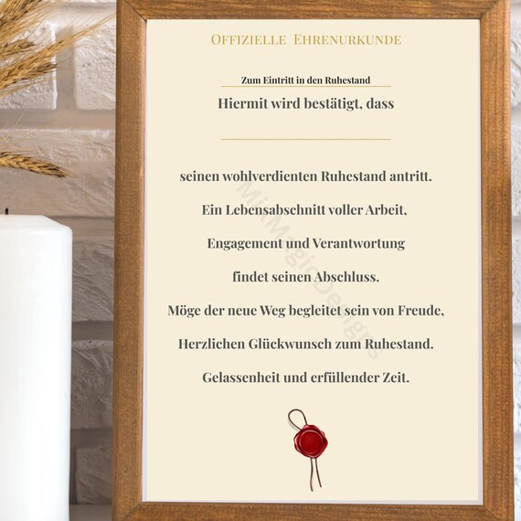 Ehrenurkunde Ruhestand Certificate Retirement German Gift Wall Art