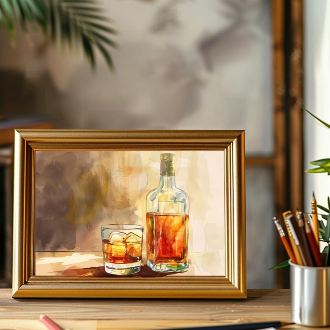 Whiskey Decanter and Rocks Glass with Ice Watercolor Still Life Poster - Image 2