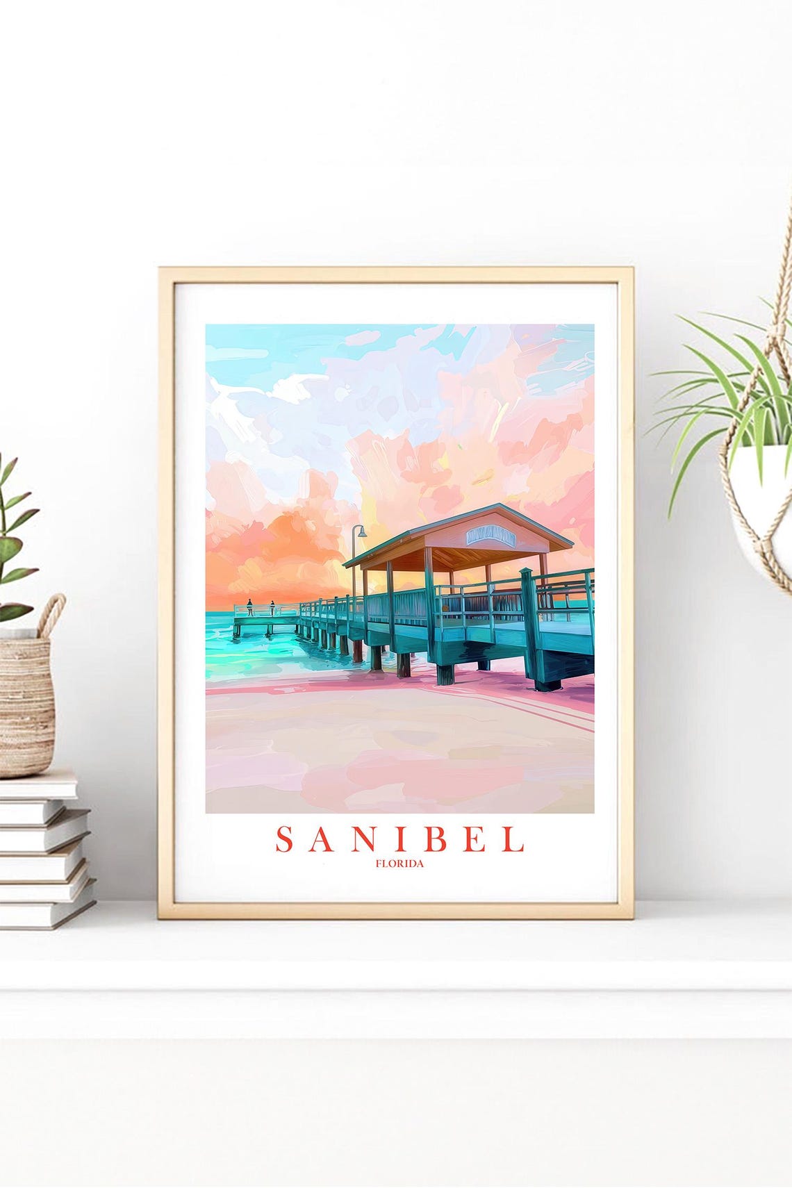 Sanibel Florida Sunset Pier Beach Pastel Ocean Wall Decor Travel Print