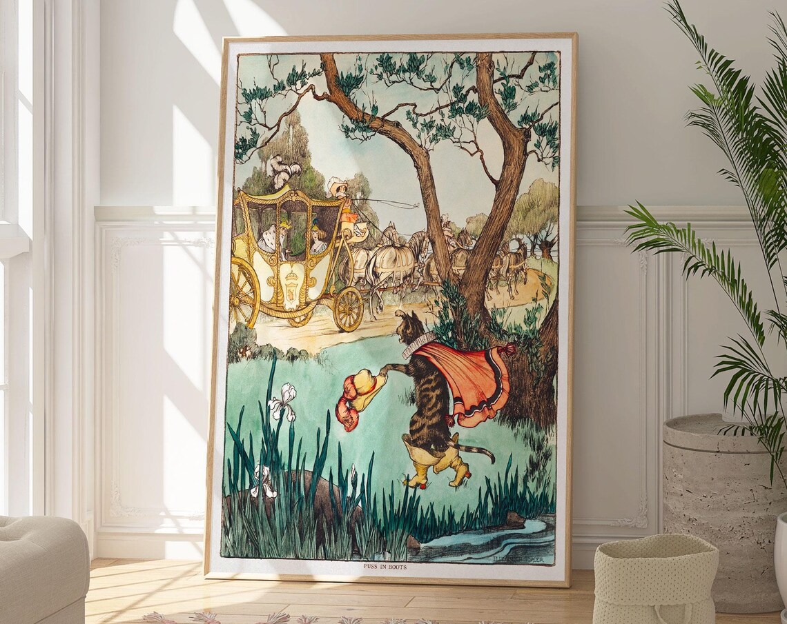 Puss In Boots Vintage Storybook Illustration Fairy Tale Cat Art Print