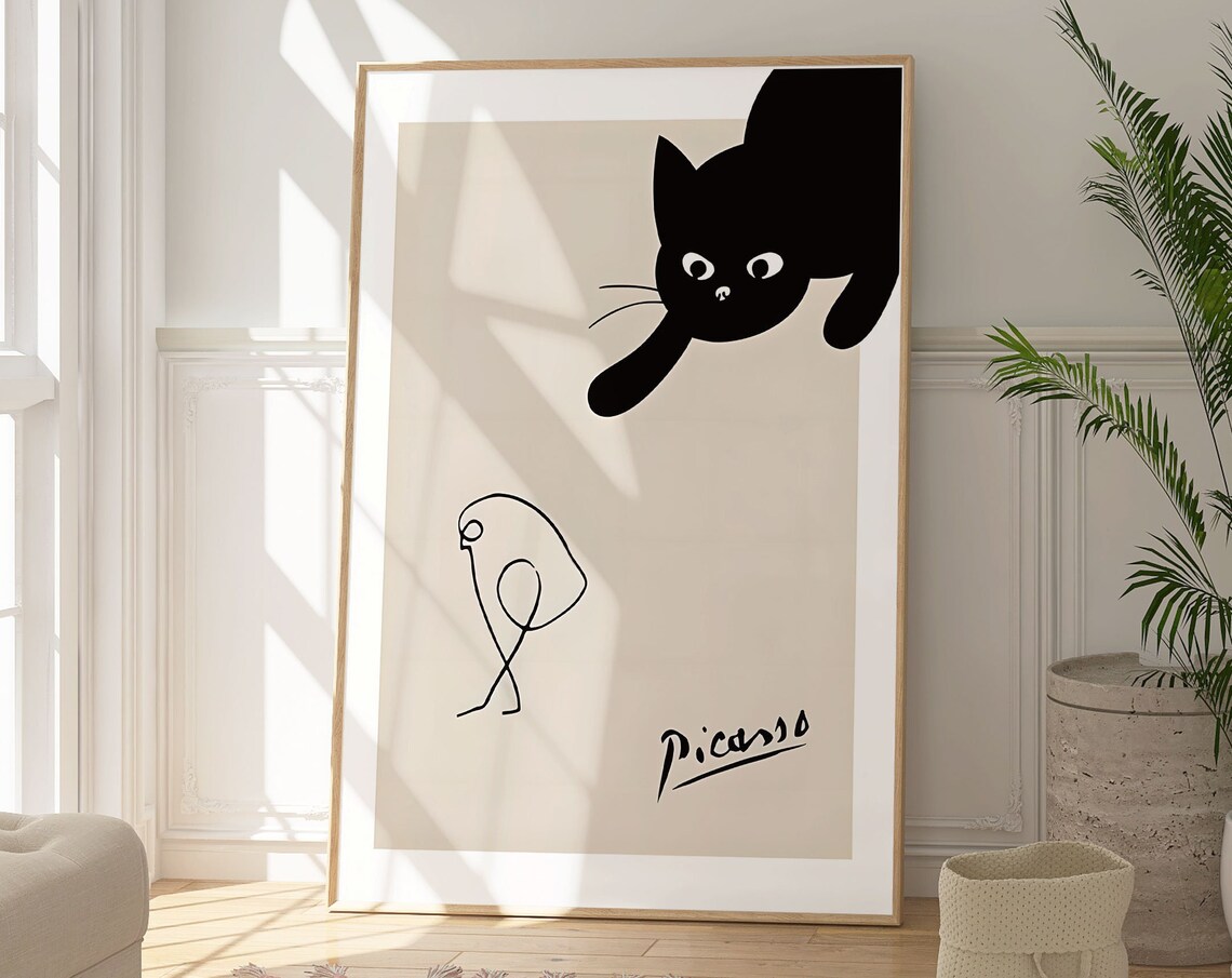 Picasso-Inspired Cat Chasing Bird, Minimalist Print - Image 4