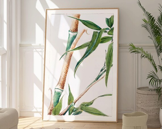 Japanese Bamboo Stalks Watercolor Green Leaves Minimalist Zen Wall Art