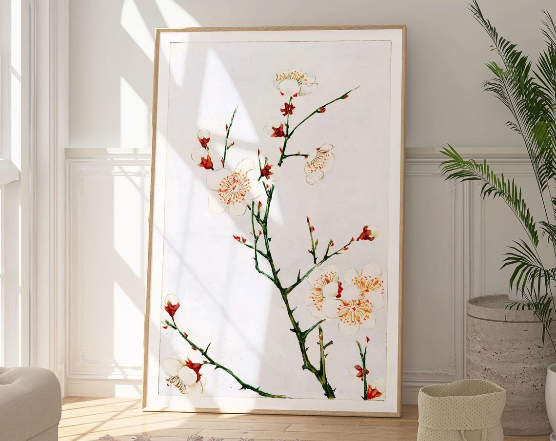 Japanese Plum Blossom Branch White Flowers Minimalist Art Print