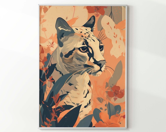 Ocelot Portrait Among Warm Florals Modern Wildcat Art Poster