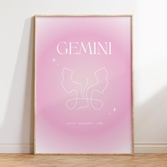 Gemini Zodiac Faces Pink Gradient Aura White Line Art Poster