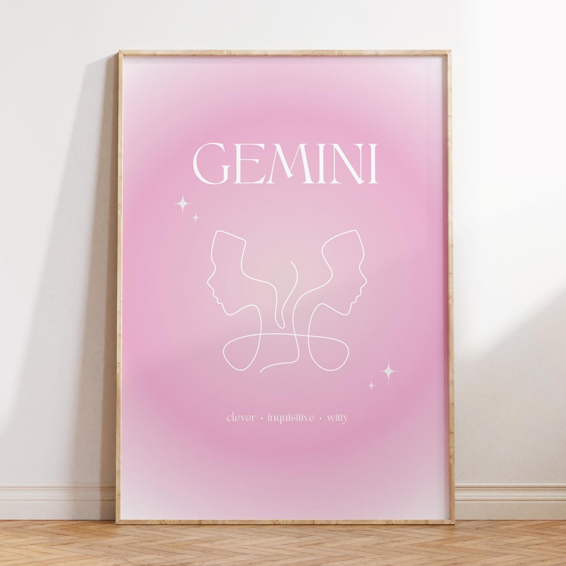 Gemini Zodiac Faces Pink Gradient Aura White Line Art Poster