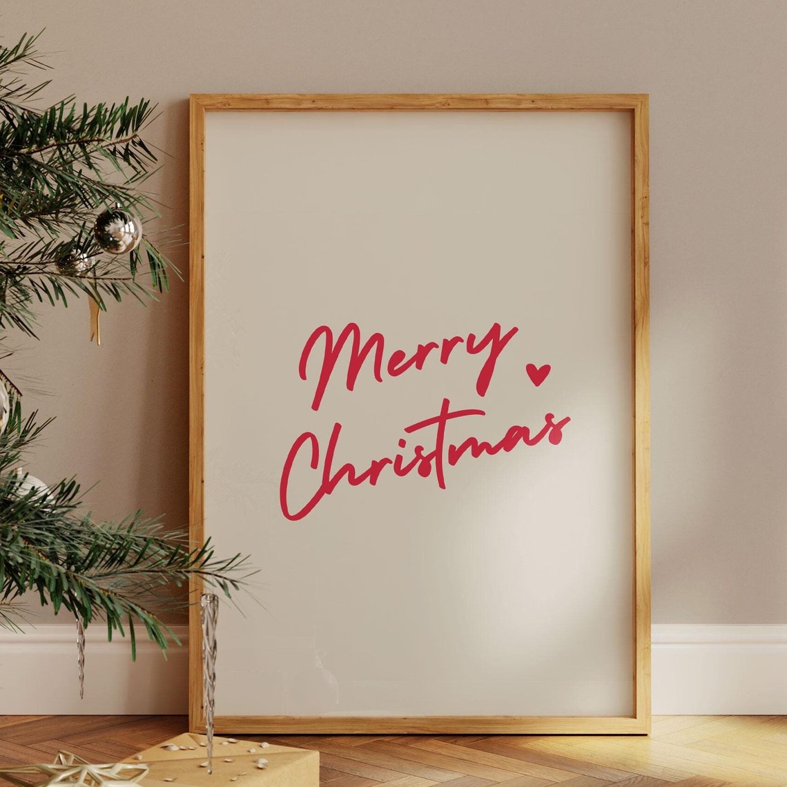 Merry Christmas Red Script with Heart Minimalist Holiday Poster