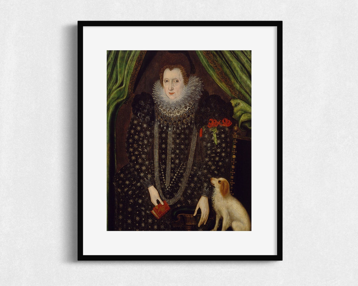 Tudor Noblewoman Star Embroidered Gown With Small Dog Portrait Poster - Image 2