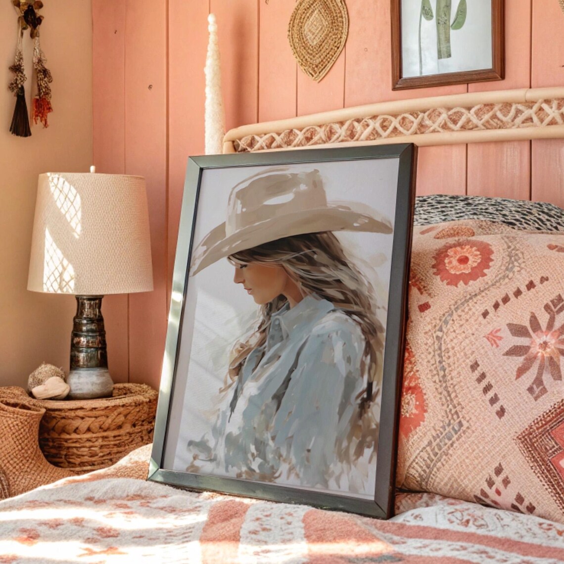 Cowgirl Portrait In Beige Hat Soft Watercolor Western Art Poster