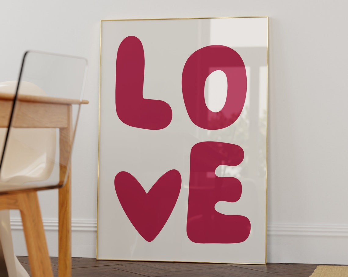 LOVE Typography Art With Heart Bold Red Letters Minimalist Poster