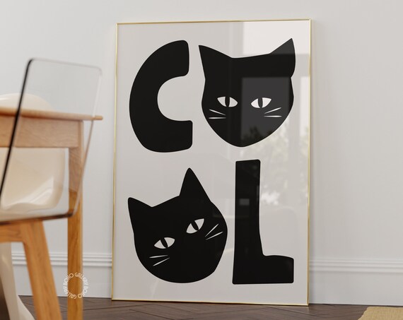 Cool Black Cat Faces Typography Poster Funny Minimal Feline Decor