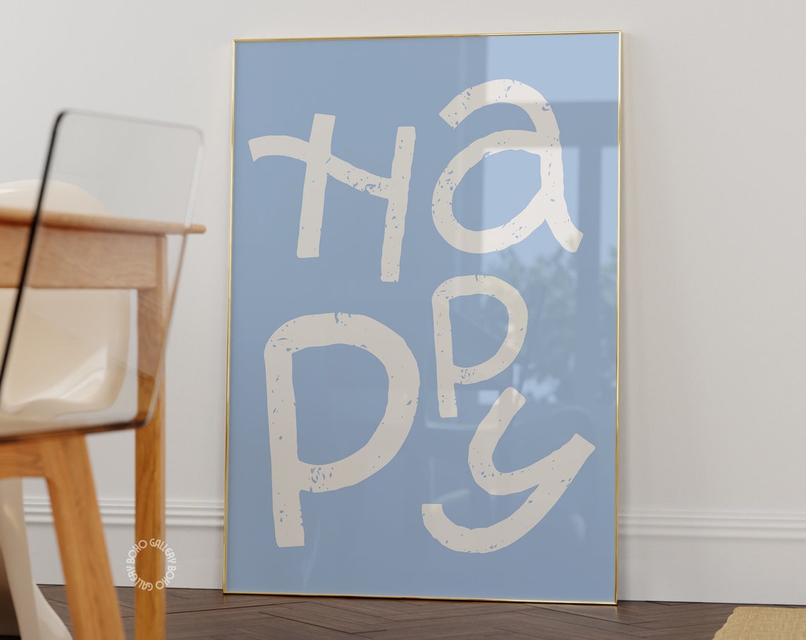 HAPPY White Hand Lettered Typography on Blue Positive Art Poster - Image 3