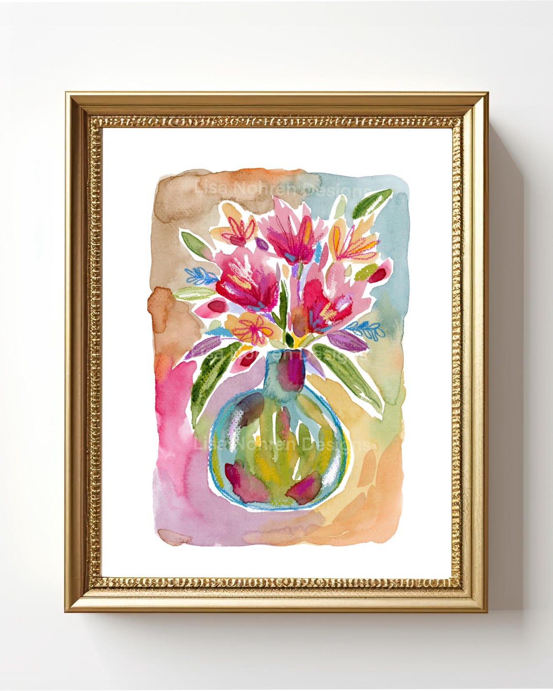 Pink Watercolor Flowers In Round Blue Glass Vase Still Life Poster