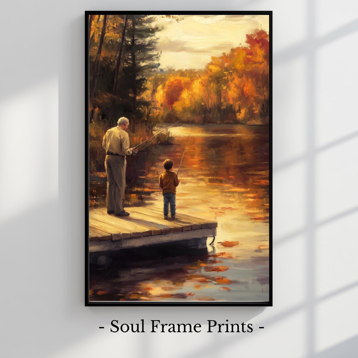 Grandfather and Grandson Fishing Together at Autumn Sunset Lake Poster