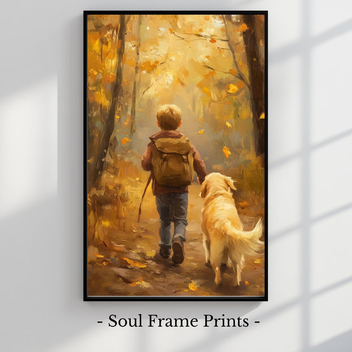 Boy With Golden Retriever Walking a Glowing Autumn Forest Path Poster
