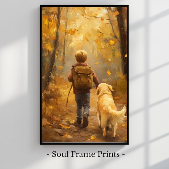 Boy With Golden Retriever Walking a Glowing Autumn Forest Path Poster