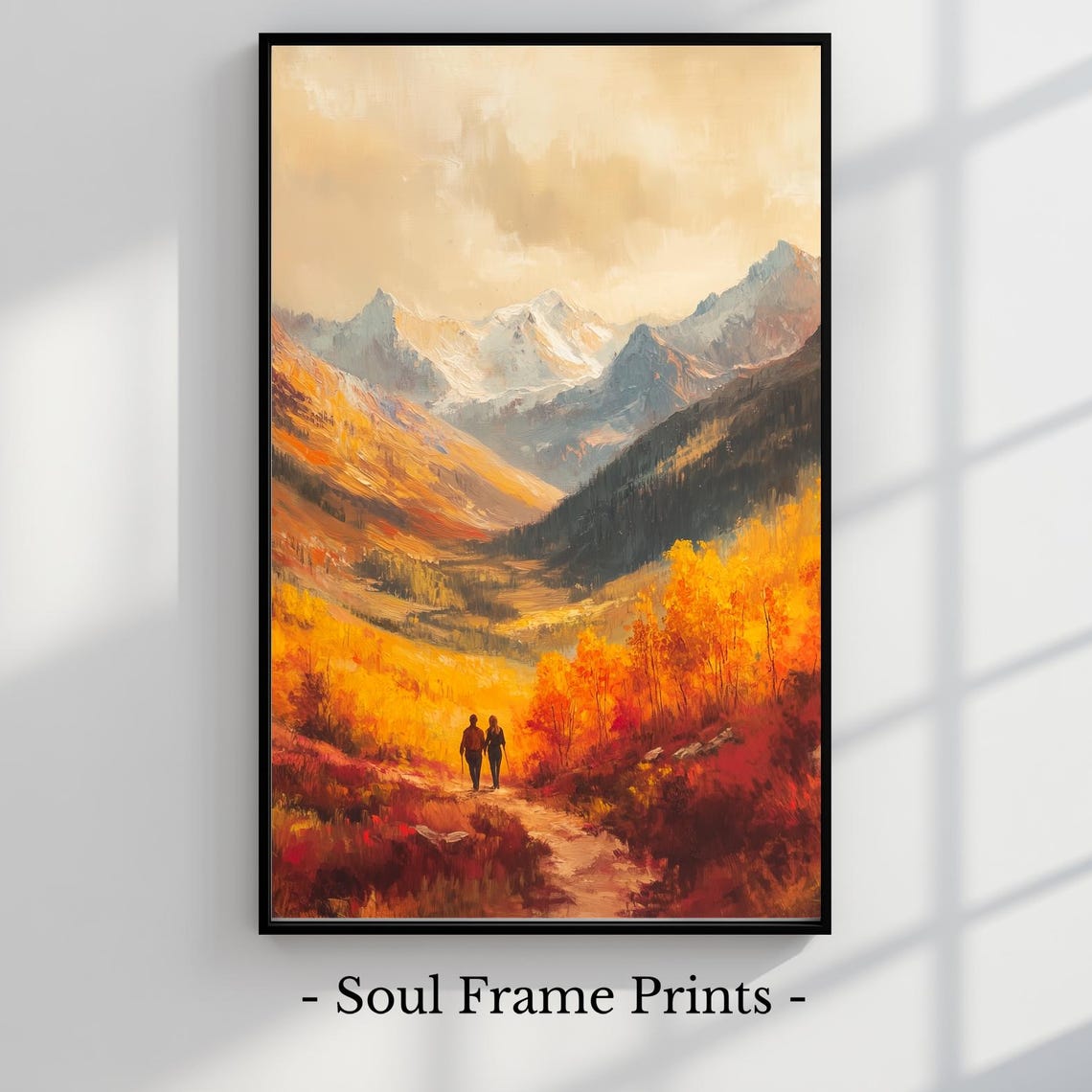 Romantic Autumn Couple Hiking Through Golden Mountain Valley Poster