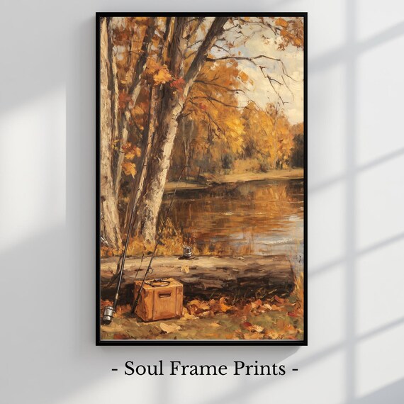 Autumn Riverbank Fishing Gear Fall Forest Still Life Painting Poster