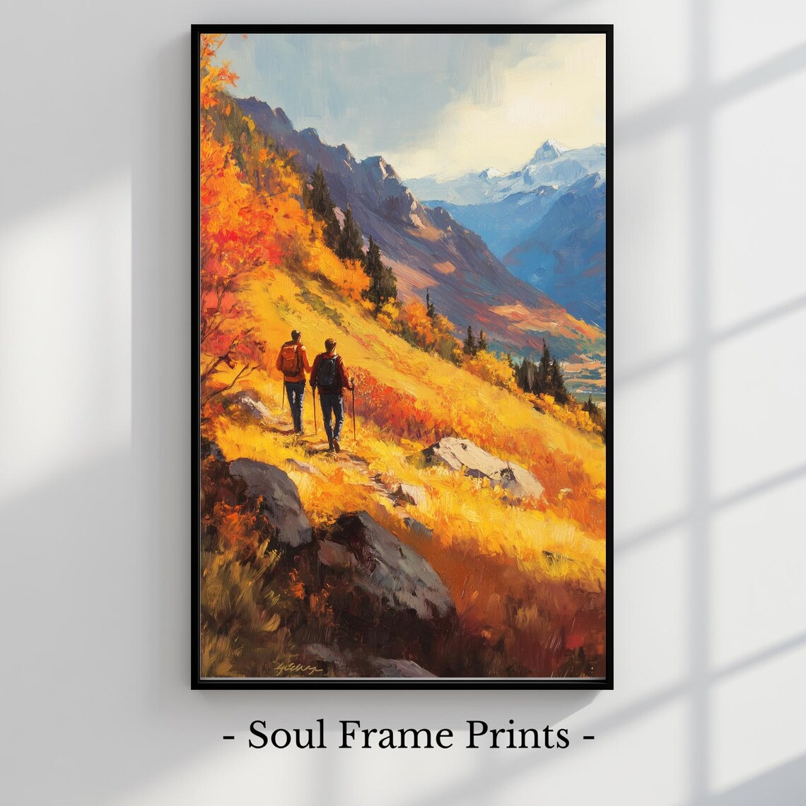 Two Backpackers Climbing a Golden Autumn Mountain Trail Painting Poster