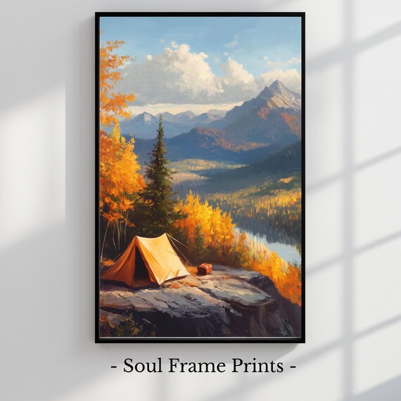 Autumn Mountain Campsite Tent Scenic Fall Foliage Painting Poster