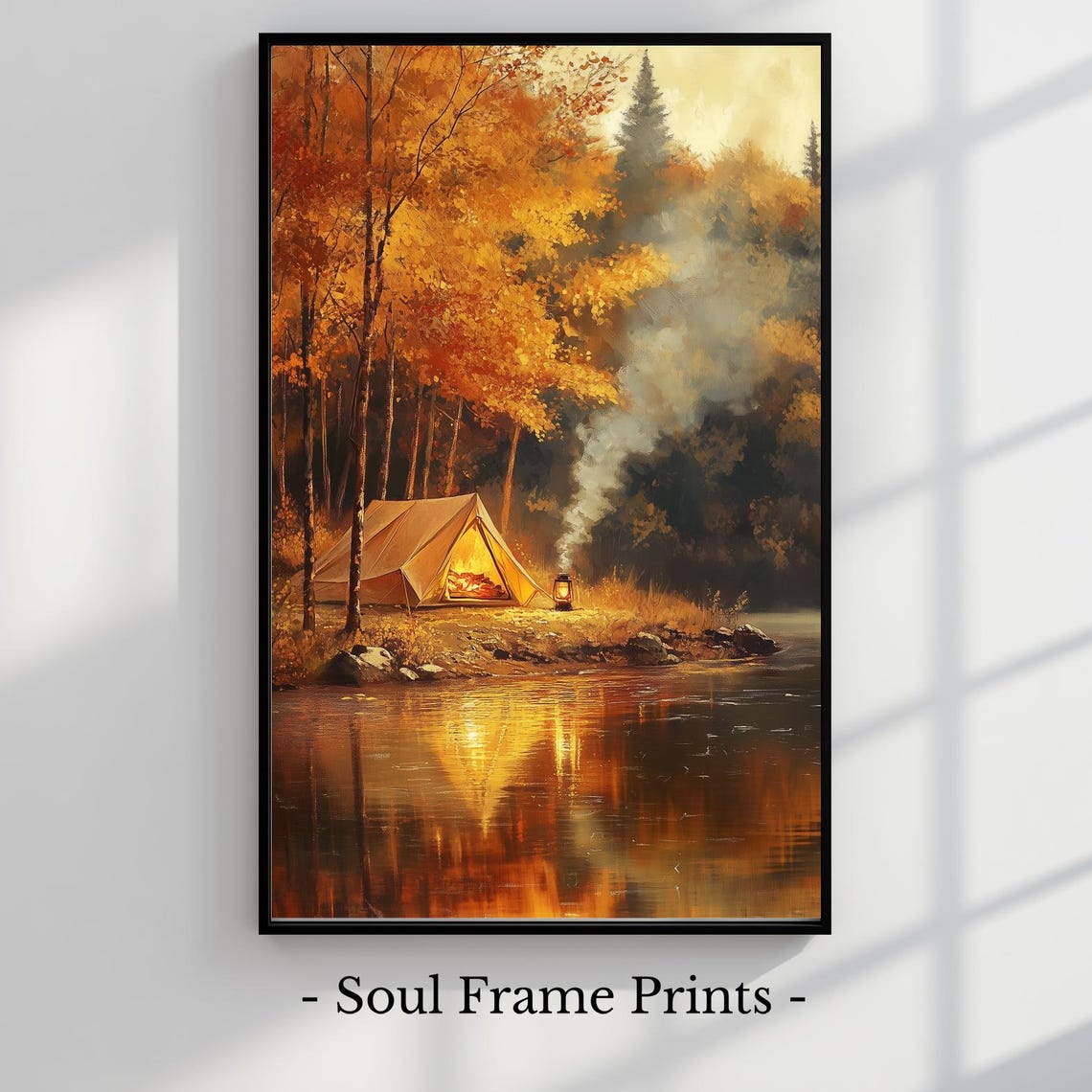 Autumn Lakeside Tent Campfire Reflection Camping Painting Poster