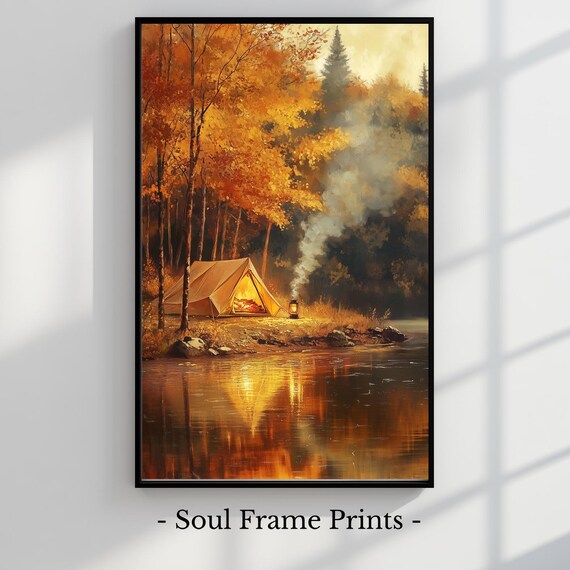 Autumn Lakeside Tent Campfire Reflection Camping Painting Poster