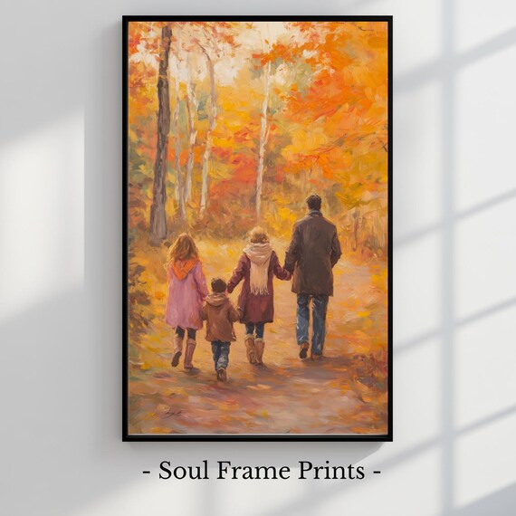 Family Autumn Walk Fall Forest Path Cozy Heartwarming Painting Poster