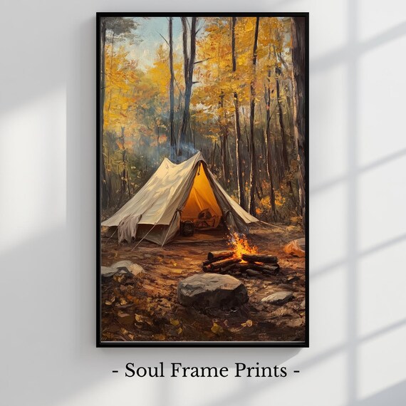 Autumn Forest Tent Campfire Cozy Camping Scene Painting Poster