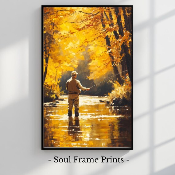 Fly Fisherman Golden Forest Stream Autumn Morning Painting Poster