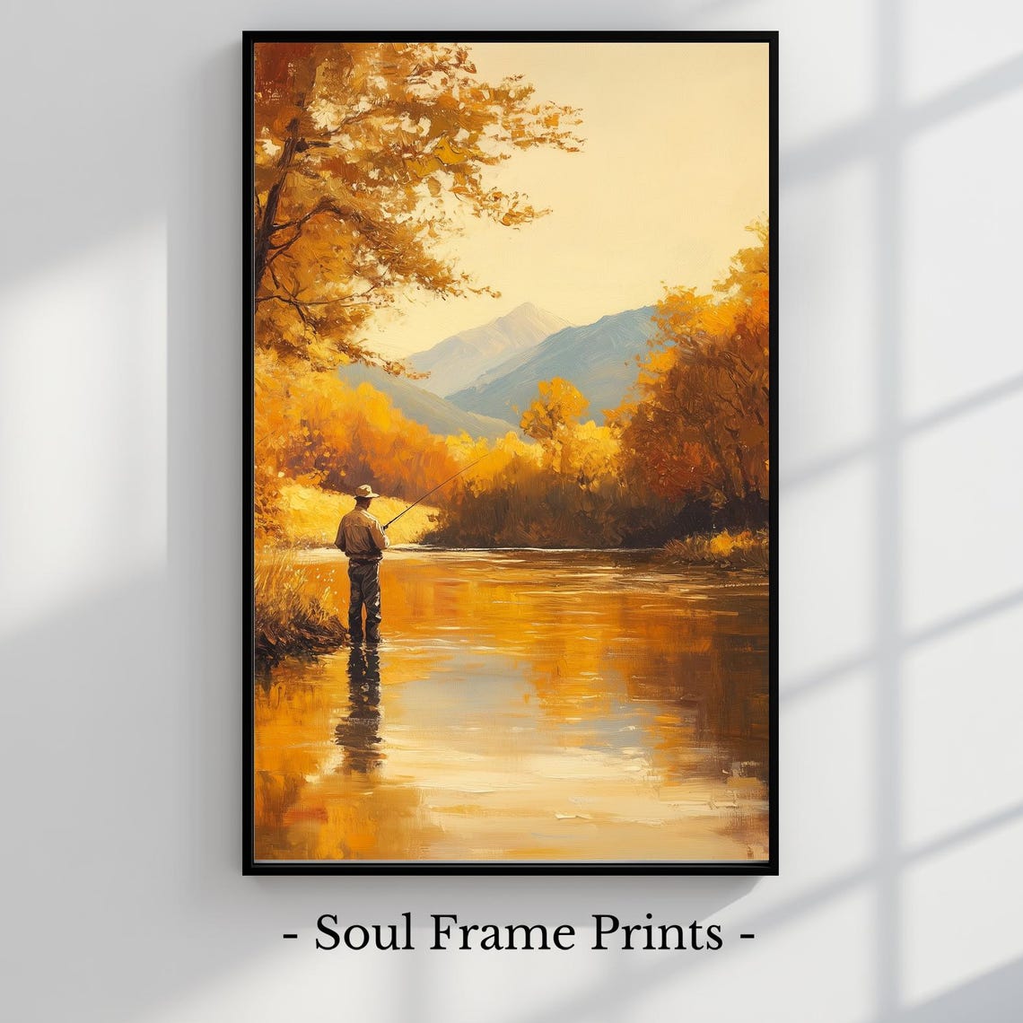 Fly Fisherman Golden Autumn River Fall Landscape Painting Poster