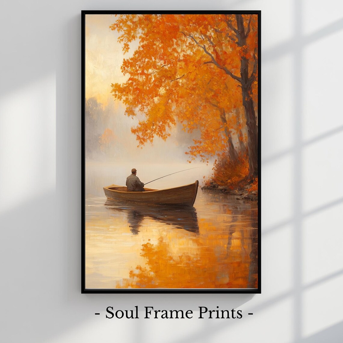 Autumn Lake Canoe Fisherman Misty Fall Morning Painting Poster