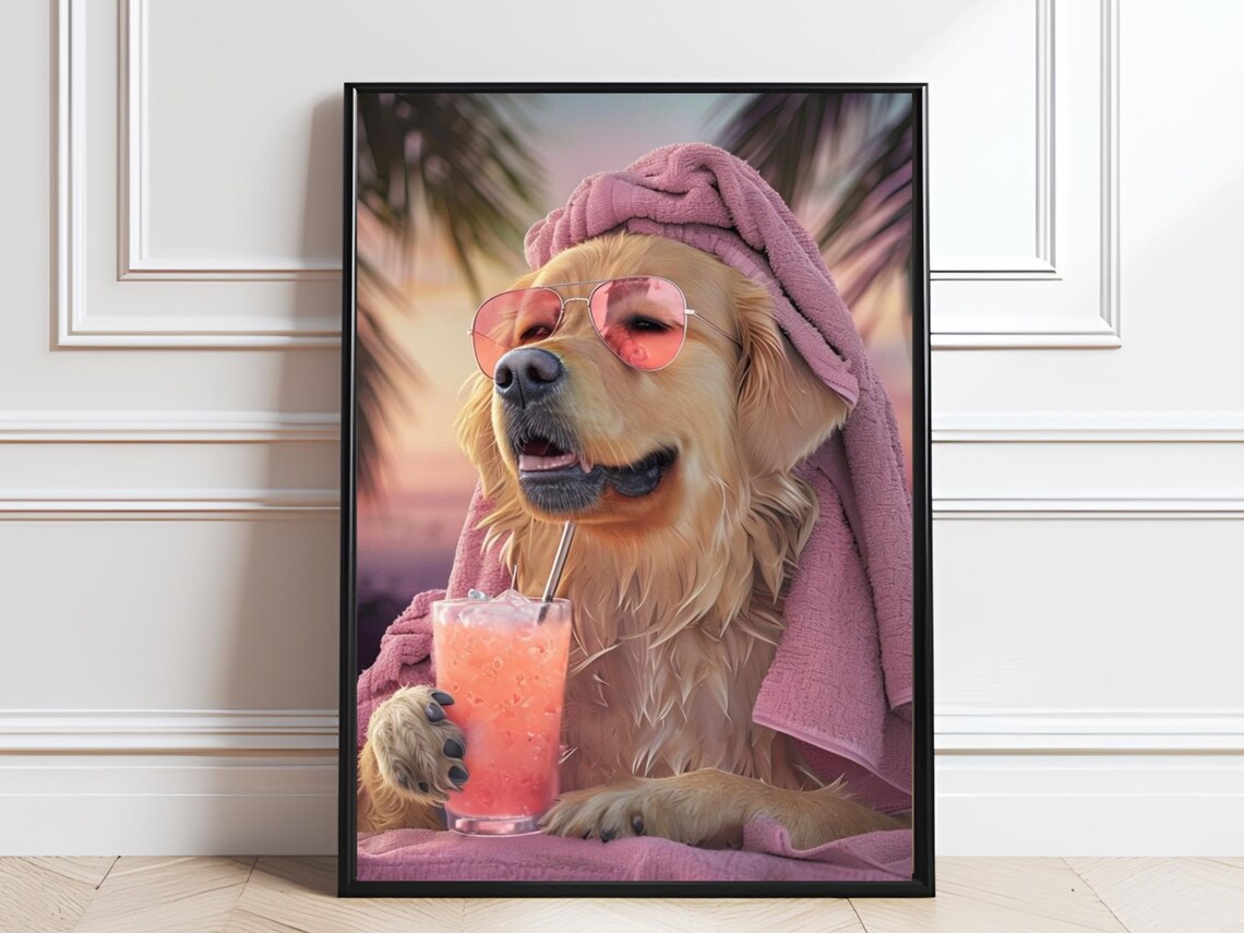 Funny Golden Retriever Beach Cocktail Sunglasses Summer Dog Poster