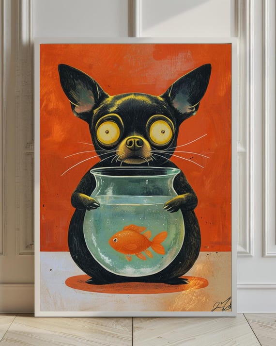 Surprised Chihuahua Fishbowl Print Retro Pop Art Dog Illustration