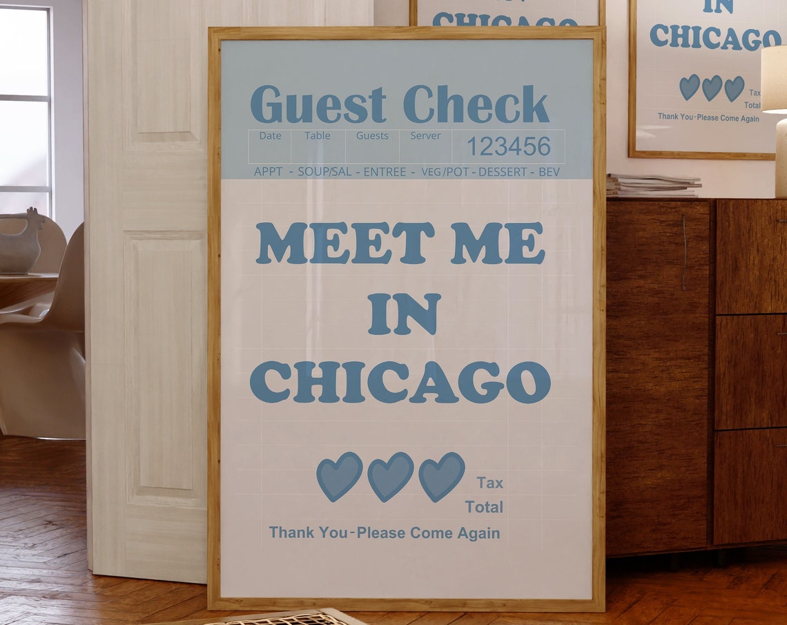 Meet Me In Chicago Light Blue Guest Check Hearts Retro Travel Poster