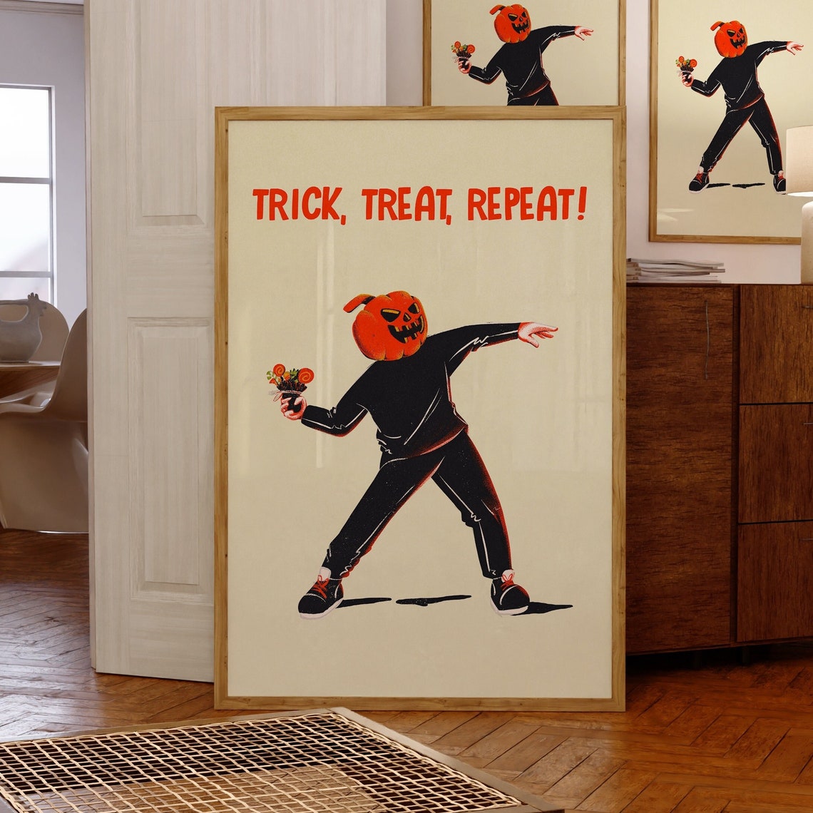 Trick Treat Repeat Pumpkin Head Flower Thrower Halloween Wall Art