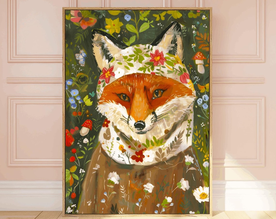 Cute Red Fox Wearing Floral Babushka Woodland Mushroom Poster