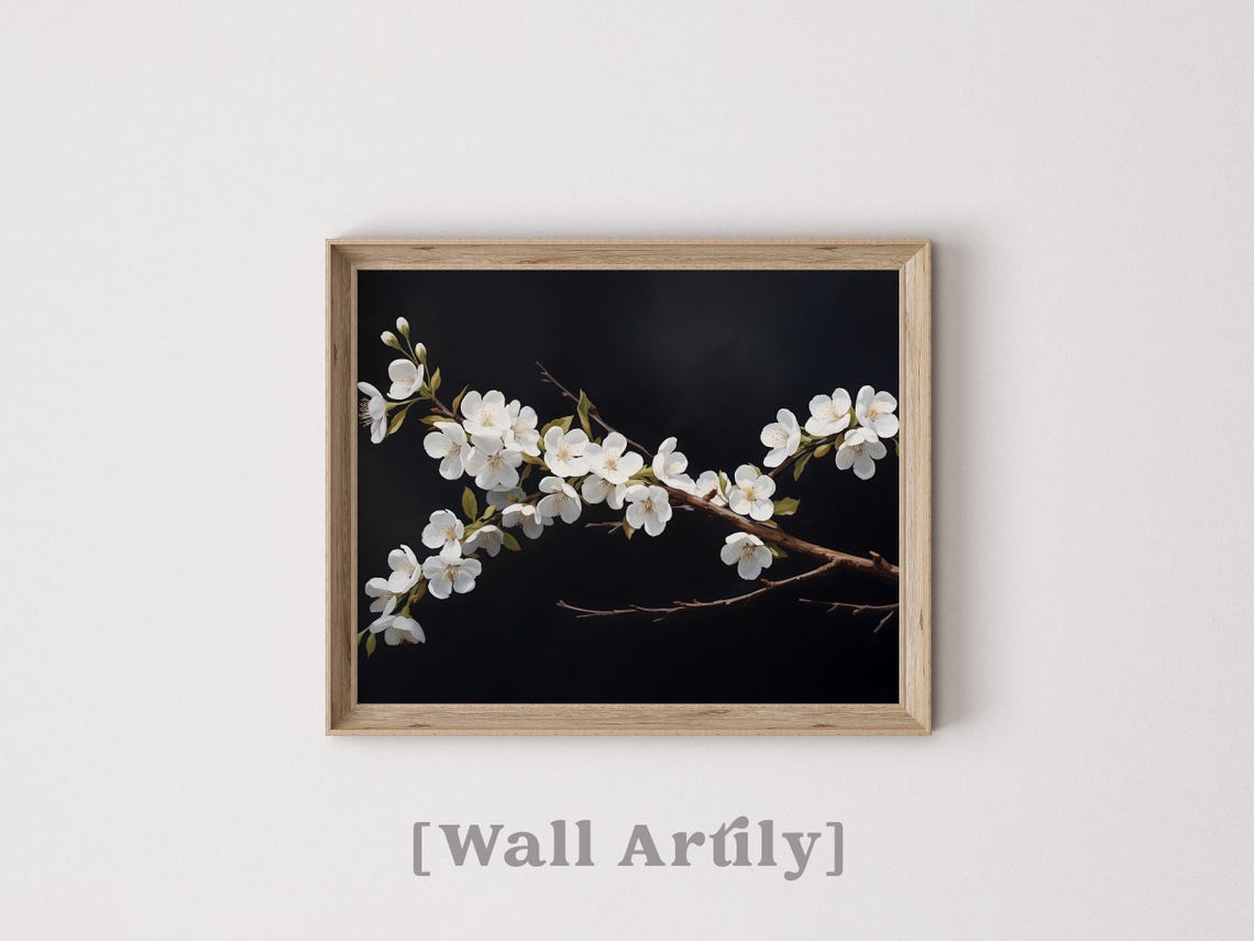 White Cherry Blossom Moody Black Background Floral Art Poster - Image 5