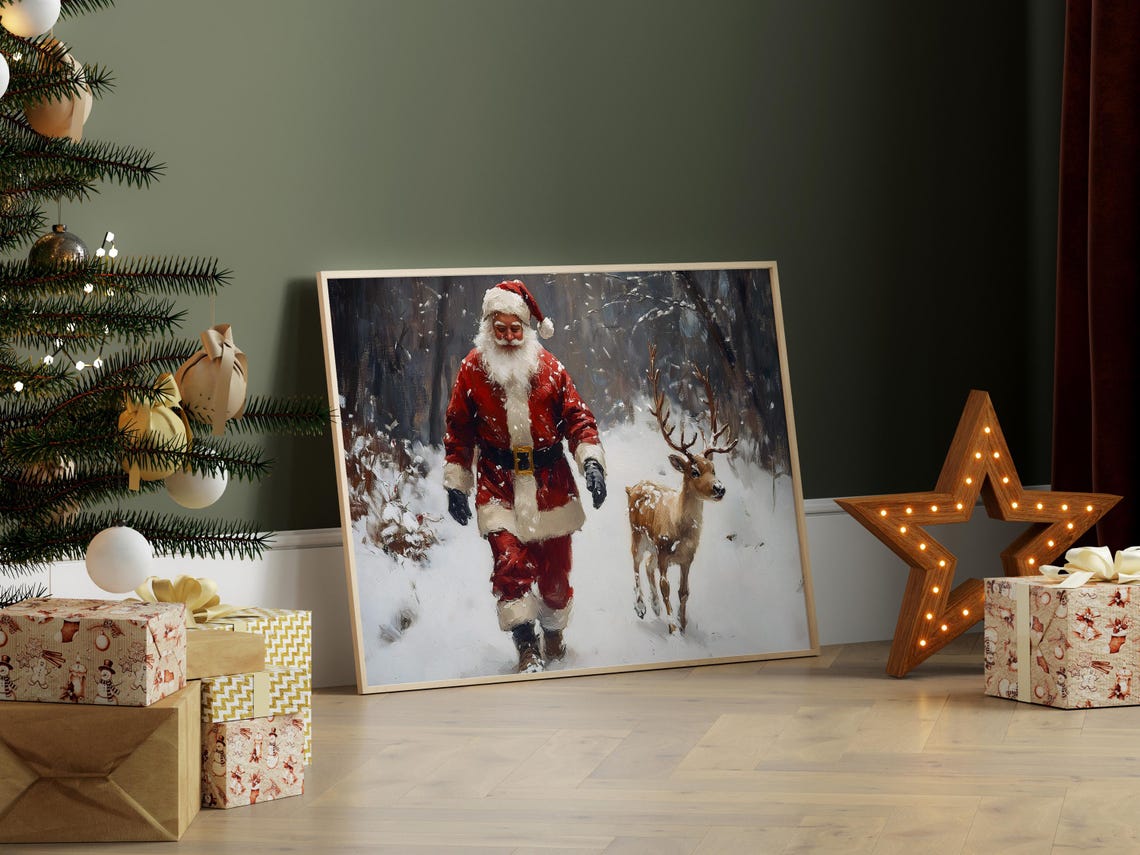 Santa Claus Walking With Reindeer Snowy Forest Christmas Poster - Image 7